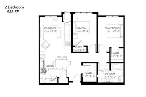 Floor plan for 2 beds, 1 bath, 972 sqft